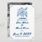 Bloemenvaas rustieke grillige schets blauw foto save the date (Voorkant / Achterkant)