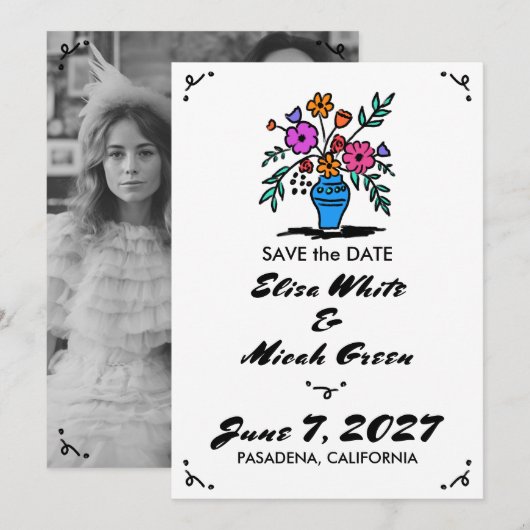 Bloemenvase Rustiek Whimsical Schattig Schets Z&W Save The Date (Voorkant / Achterkant)