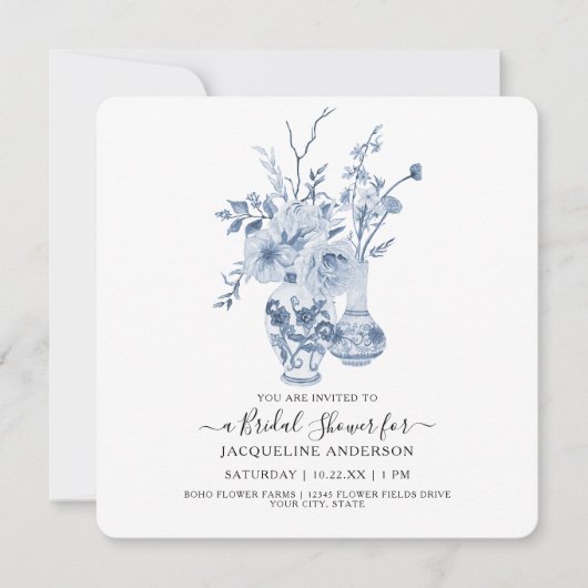 bloemenvierkant blauw n wit Vrijgezellenfeest Kaart (Voorkant)