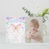 Bloemenvlinder kussen en verjaardagswensen Foto Kaart (Staand voorkant)
