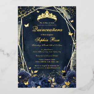 Bloemenvlinder Tiara Gold Navy Quinceanera Folie Uitnodiging
