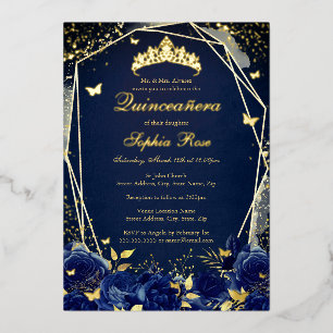 Bloemenvlinder Tiara Navy Quinceanera Folie Uitnodiging