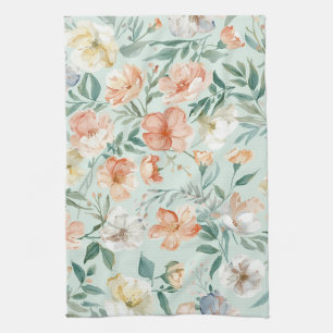 Bloemenweide Waterverf Blauw Bloempatroon Theedoek