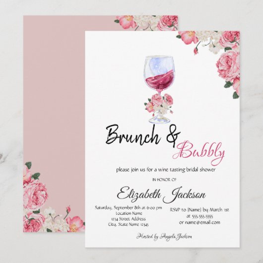 Bloemenwijn GlasS Brunch & Bubbly Vrijgezellenfees Kaart (Voorkant / Achterkant)