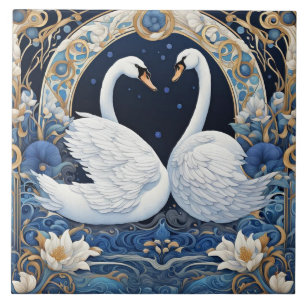Bloemenzwanen Art Nouveau Vogel Art Deco Blauw Tegeltje