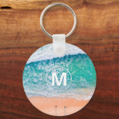 Bloemgolven, wit monogram in cirkelvormige Sleutel Sleutelhanger (Voorkant)