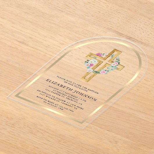 Bloemgoud Eucalyptus hout kruis boog doop Acryl Uitnodigingen (Laagn)