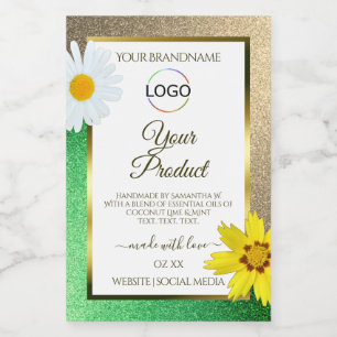 Bloemgoud groene glitters witte productlabel logo voedselcontainer etiket