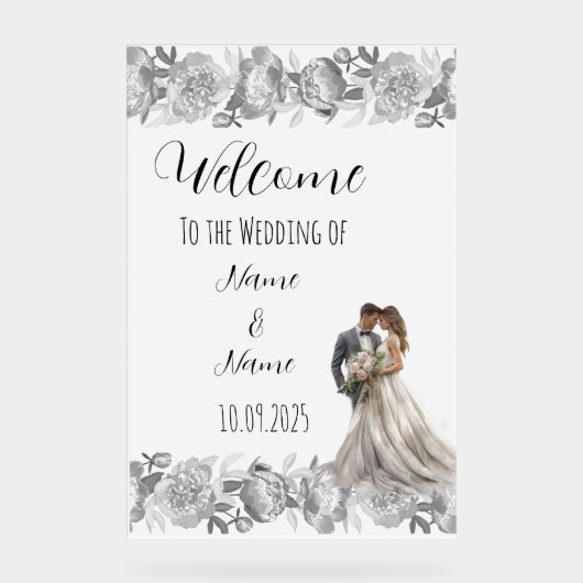 Bloemgrijs acryl bruiloft teken acryl bord (Voorkant)
