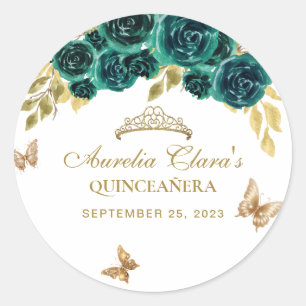 Bloemgroen goud tiara vlinder quinceañera ronde sticker