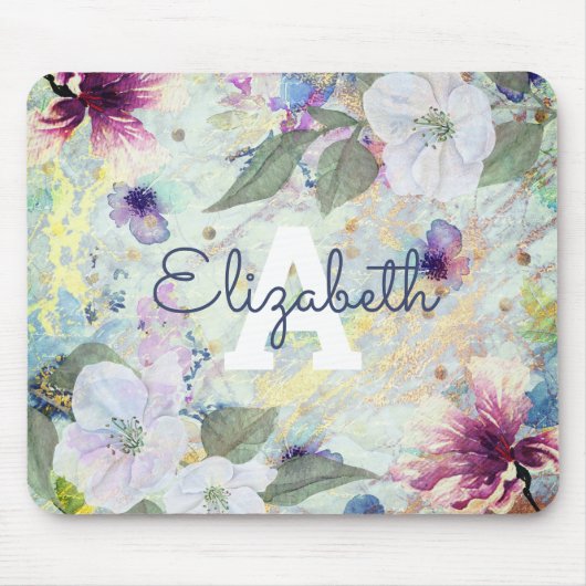 Bloemgroen goud waterverf monogram naam  muismat (Voorkant)