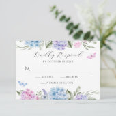 Bloemhortensia vlinder RSVP kaartje (Staand voorkant)