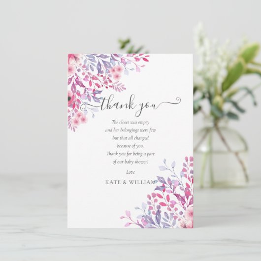 bloemig Baby shower dank u gedicht Bedankkaart (Staand voorkant)