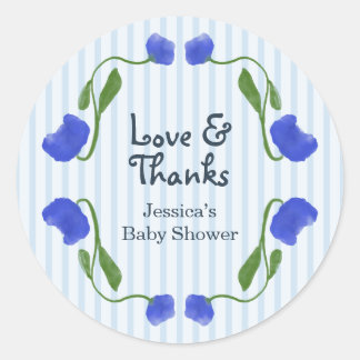 Bloemig Blauw Schattig Liefde en Dank Baby Shower Ronde Sticker