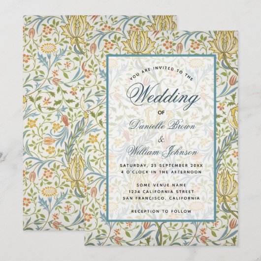 Bloemig bruiloft Morris-patroon Elegante script    Kaart (Voorkant / Achterkant)