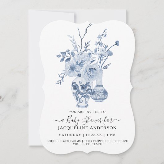 bloemig elegant blauw wit baby meisje douche kaart (Voorkant)