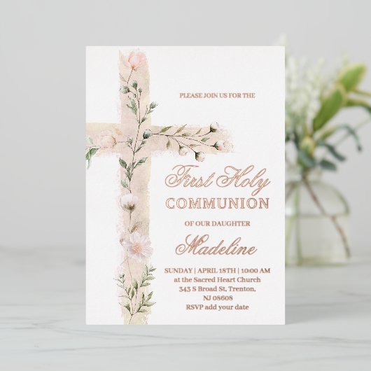 Bloemig Heilig Kruis Eerste Heilige Communie Folie Uitnodiging (Staand Voorkant)