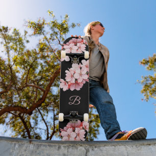 Bloemig Kersenbloesem Monogram Zwarte Roze Skateboard
