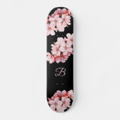 Bloemig Kersenbloesem Monogram Zwarte Roze  Skateboard (Voorkant)