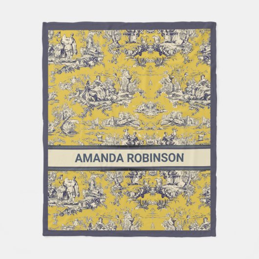  bloemig lakgeel toile de jouy monogram fleece deken (Voorkant)