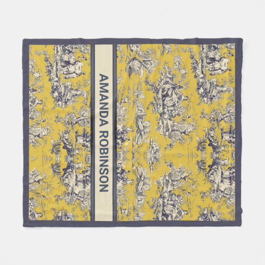  bloemig lakgeel toile de jouy monogram fleece deken (Voorkant (Horizontaal))