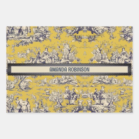 bloemig lakgeel toile de jouy monogram inpakpapier vel (Voorkant 3)