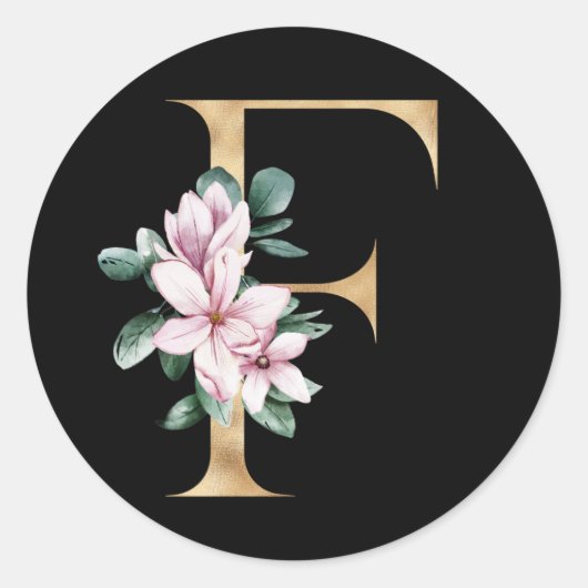 Bloemig magnolia-monogram in gouden letter F Ronde Sticker (Voorkant)