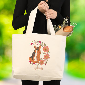 Bloemig Paard Botanische Aangepaste Naam Grote Tote Bag