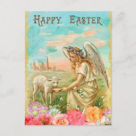  bloemig paaslam en engel feestdagenkaart