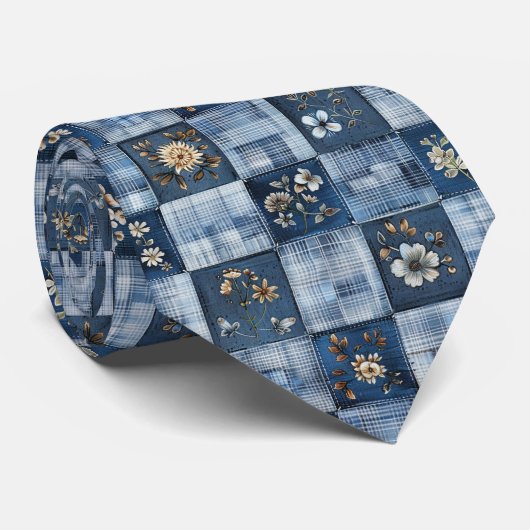 Bloemig Patchwork Patroon | Boho Denim Stropdas (Opgerold)