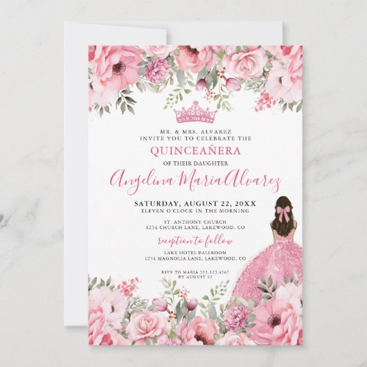 Bloemig Roos Roze Quinceanera Kaart (Voorkant)