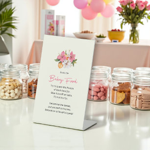 Bloemig roze bord voor babyvoedsel raadspel reclamebord met voetstuk