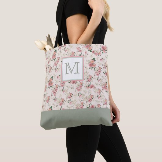 bloemig roze groen monogram tote bag (Dichtbij)