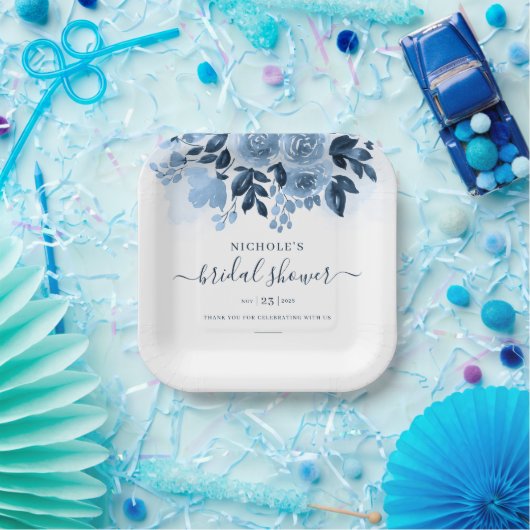 Bloemig Schrift Navy Blau Waterverf Bruiloft Feest Papieren Bordje (Feest)