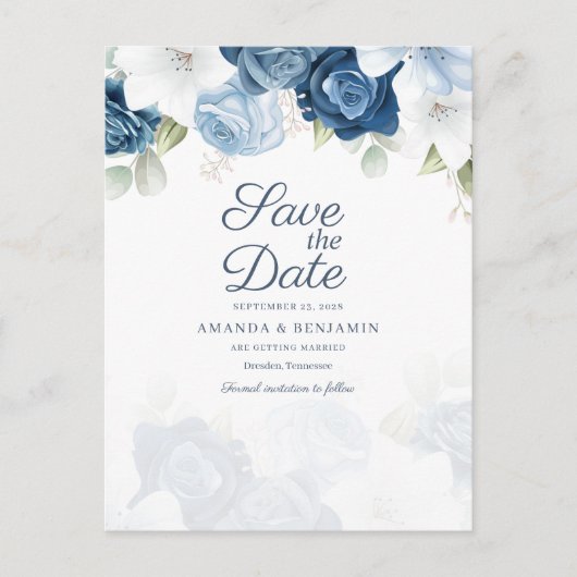 Bloemig Schrift Stofblauw Trouw Save The Date Aankondigingskaart (Voorkant)