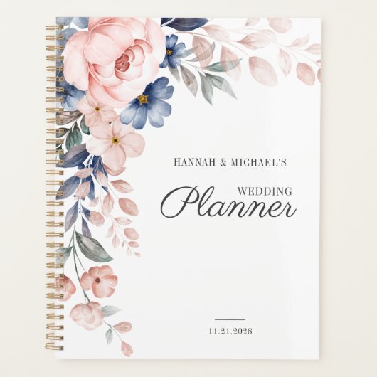 Bloemig Schrift Waterverf Roze Bloemen Bruiloft Planner (Voorkant)