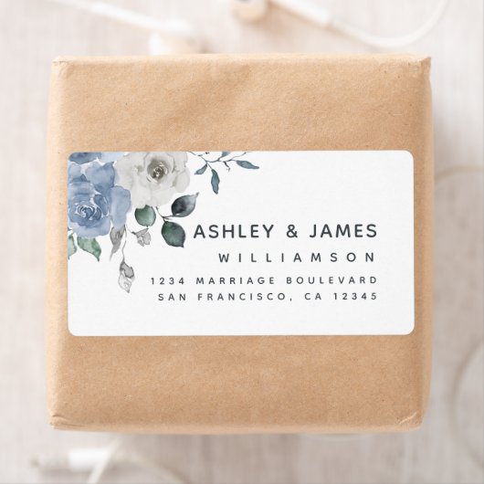 Bloemig Stof Blauw Ivoren Roos Retouradres Etiket (Insitu)