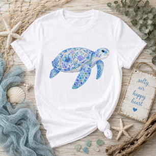 Bloemig thema zee schildpad aardewerk kunst t-shirt