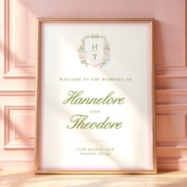 Bloemig wapenschild met monogram trouw achtergrond poster