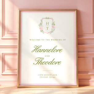 Bloemig wapenschild met monogram trouw achtergrond poster