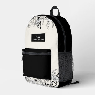 Bloemig zwart-wit monogram en naam bedrukte rugzak