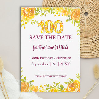Bloemige 100ste verjaardag Elegante gele rozen Save The Date