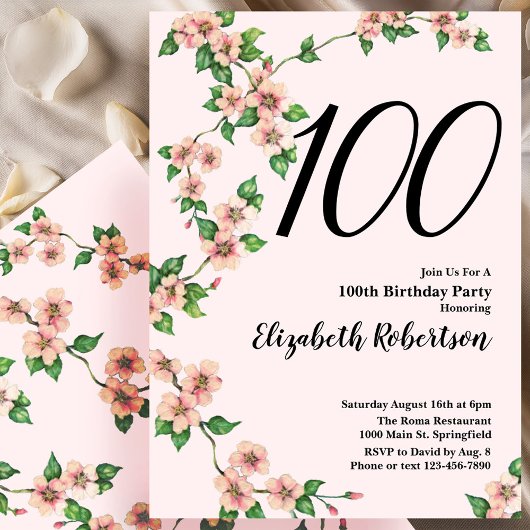 Bloemige 100ste verjaardagsuitnodiging in roze roo kaart