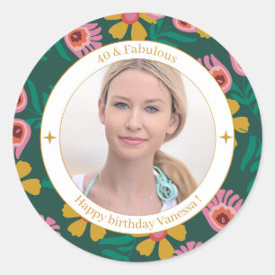 Bloemige 40e verjaardagsfoto elegante vrouwelijke ronde sticker