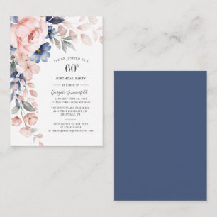 Bloemige 60e verjaardag Stofblauw botanisch Notitiekaartje