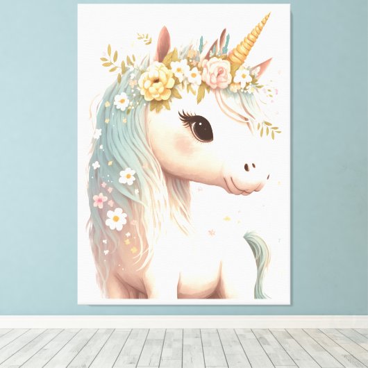 Bloemige Aanklede Kraam Eenhoorn Elegante Waterver Canvas Afdruk (Insitu (Houten vloer))