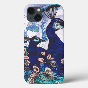 Bloemige achtergrond met pauwen iPhone 13 hoesje