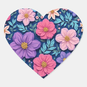 Bloemige achtergrond, roze en paars, hart sticker