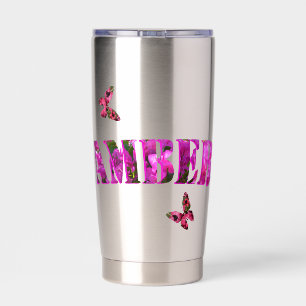 Bloemige Amber Naam Gemaakt Met Bougainvillea, Geïsoleerde Drinkbeker