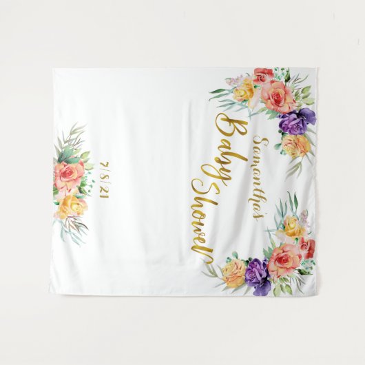 Bloemige Baby Shower Gouden Achtergrond Fotobooth Wandkleed (Voorkant (horizontaal))